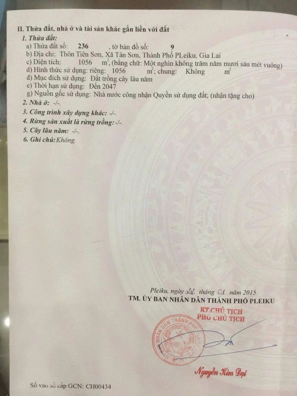 Chính chủ cần bán lô đất Thôn Tiên Sơn - Xã Tân Sơn - Thành Phố Pleiku, tỉnh Gia Lai