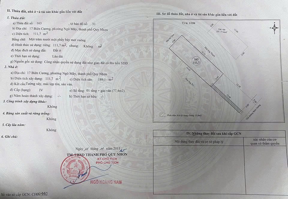 Bán nhà sau 1 nhà mặt tiền đường Biên Cương - Phường Ngô Mây - TP Quy Nhơn